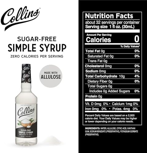Collins Sugar Free Simple Syrup For Drinks, Allulose Coffee Syrups, Low Carb Cocktail Sweetener Keto 32oz. Set of 1