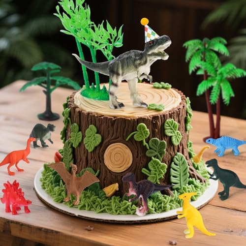 Dinosaur Cake Toppers, 25 Pcs Dino Cake Topper with Mini Hat Leaves Trees Cake Decorations for Birthday, Baby Shower, Jungle Safari, Wild Animals, Kids Dinosaur Themed Party Decorations Supplies