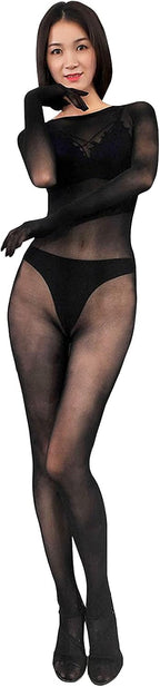 BEFASY Unisex Men Women 360°Seamless Velvet Full Bodystocking See Through Sheer Bodysuit Catsuit with 5 Finger Gloves