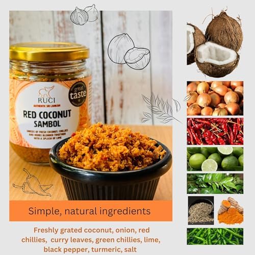 RUCI Authentic Sri Lankan Red Coconut Pol Sambol, A Great Taste Award Winner, Shreds of Coconut with Onions, Dried Red Chillies and Lime