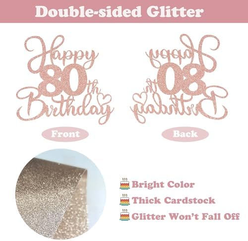 Sotpot 1 Pack 80th Birthday Cake Topper Double-sided Rose Gold Glitter Cake Pick Cake Decoration for Happy 80th Birthday Anniversary Party Decorations
