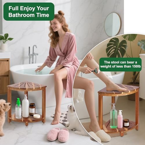Bathroom Corner Shower Stool with Storage Shelf, Shower Feet Stool, Non-Slip Adjustable Feet Drain Holes, for Shaving Legs, SpacemSaving Shower Bench with Storage for Small Spaces