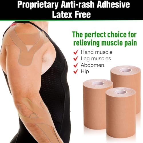 3 Pack Kinesiology Tape, 4in x 5.5yd Water Resistant Muscle Support Adhesive Sport Tape for Pain Relief, Latex Free Cotton Elastic Athletic Tape for Joints, Knee, Ankle, Shoulder, Wrist