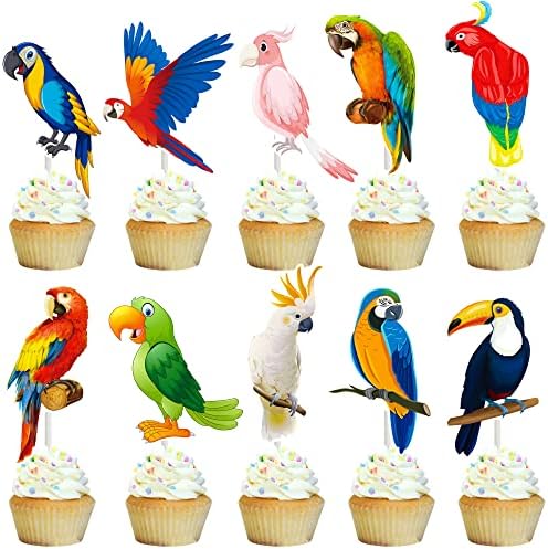 36pcs Parrot Cupcake Toppers Tropical Bird Party Cake Cupcake Picks Decorations for Parrot Theme Birthday Party Decorations Hawaii Luau Party Supplies