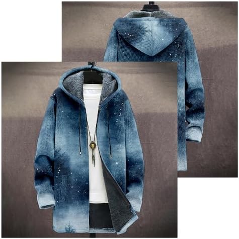 Christmas Print Long Cardigan Sweaters for Men Warm Sherpa Fleece Lined Long Sleeve Zip Up Graphic Hooded Jacket