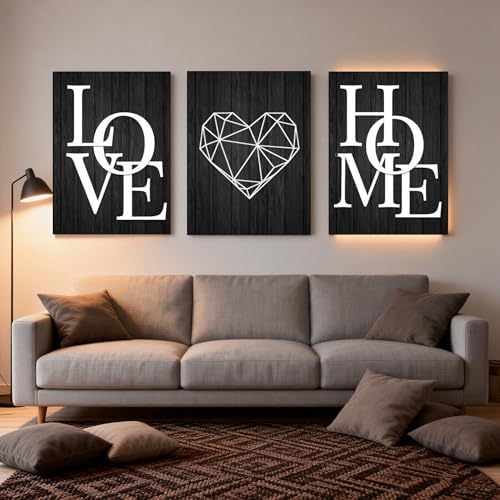 3 Piece Geometric Heart Canvas Wall Art Set - Black Wood Grain Modern Minimalist Prints Unframed Ready to Hang, 16x24 Inch for Living Room Bedroom