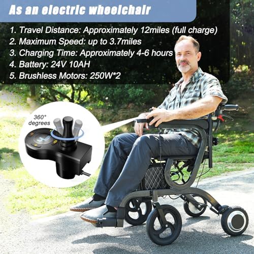 CARLIKE 3 in 1 Intelligent Electric Wheelchair & Rollator Walker with Seat & Electric Transport Chair Lightweight Foldable, Detachable Footrests, 10" Non-Pneumatic Wheels for Seniors/Adults
