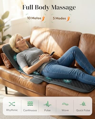 Heycool Full Body Massage Mat with Heat [2026 Upgraded], 10-Motor Vibration Massage Pad for Chair Bed Sofa, 2 Heat Levels, 5 Massage Modes, Foldable Memory Foam Back Massager for Home Office
