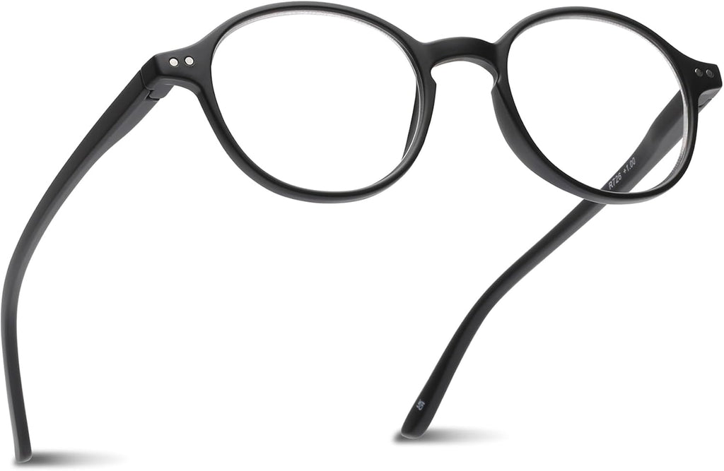 2SeeLife Small Round Reading Glasses for Men & Women – Narrow-Medium Fit, Sturdy Frame, Spring Hinges, Premium Retro Readers, Black, +1.00