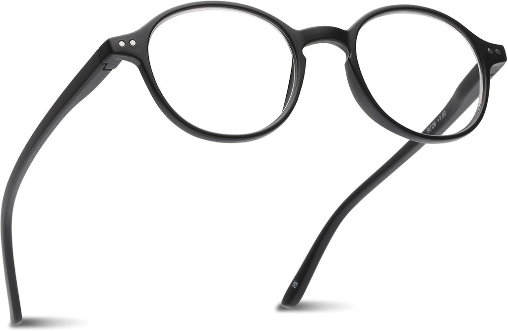 2SeeLife Small Round Reading Glasses for Men & Women – Narrow-Medium Fit, Sturdy Frame, Spring Hinges, Premium Retro Readers, Black, +2.00