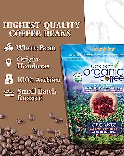 2LB Subtle Earth Organic Coffee - Medium-Dark Roast - Whole Bean Coffee - 100% Arabica Beans - Low Acidity and Non-GMO - 2lb bag