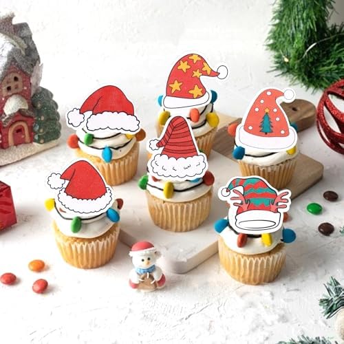 64 PCS Edible Merry Christmas Cupcake Toppers Wafer Paper Santa Claus Hat Cupcake Picks Edible Elf Hat Christmas Cupcake Decorations for Xmas Theme New Year Holiday Party Cake Decorations Supplies