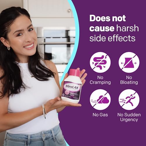 MiraLAX Laxative Powder, Gentle Constipation Relief for Adults, Stool Softener with PEG 3350, Nonstimulant Laxative, No Harsh Side Effects, Includes Stirrer, 14 Dose