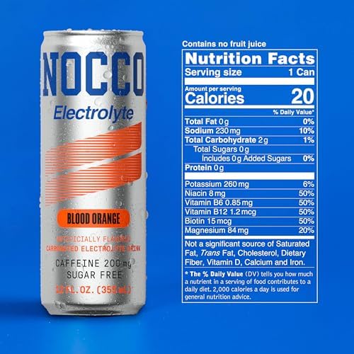 NOCCO Zero Sugar Electrolyte Drink, Blood Orange - 12 Fl Oz (Pack of 12) - 200mg Caffeine, Sugar Free with Electrolytes, Carbonated & Low Calorie, B Vitamins, Grab & Go Performance Drink