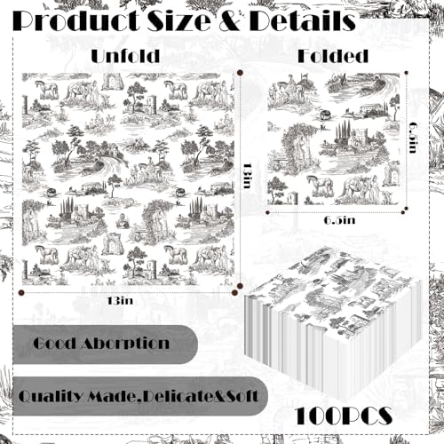 80 Sheets Vantage French Toile Paper Napkins, Disposable Countryside Horses, Bridges Trees Village Toile Napkins for Xmas Dinner Picnic Cocktail Birthday Party Supplies, 13 x 13 inches (Black)