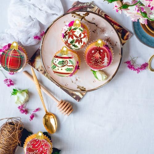 42Pcs Edible Christmas Cupcake Toppers Wafer Paper Christmas Ball Cupcake Picks for Christmas Party Holiday Supplies