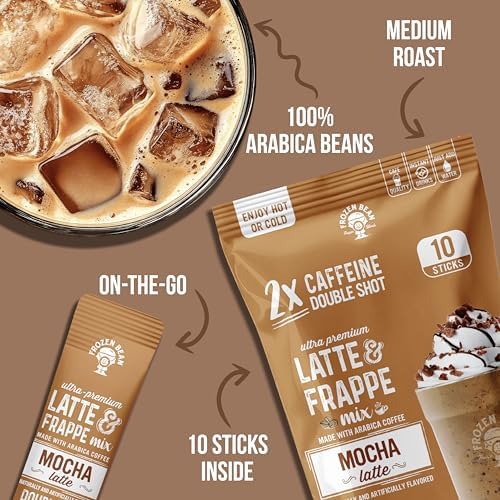 The Frozen Bean Mocha Frappe & Latte Instant Mix (10 Sticks), Made with Arabica Coffee, Double Shot Caffeine, Low Sugar & Premium Ingredients, Hot, Iced, or Blended Drinks