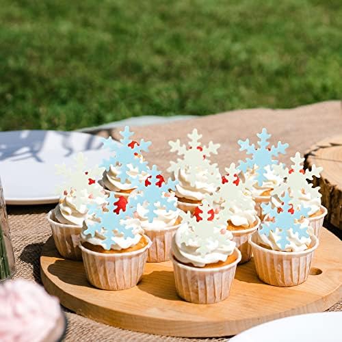 Gyufise 50Pcs Blue White Edible Cupcake Toppers Snowflakes Cake Toppers Snowflakes Cake Decoration Winter Frozen Birthday Party Supplies