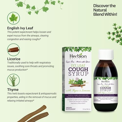 HERBION Naturals Ivy Leaf Cough Syrup with Thyme and Licorice, 5 FL Oz, Soothes Throat and Relieves Respiratory Discomfort, for Adults, Kids 13 Months and Above, Alcohol Free, Sugar Free with Stevia