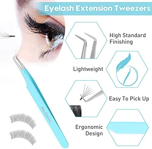 Ms.Queen Lash Tweezers for Eyelash Extensions, Precision Fiber Tip 90 Degree Tweezers for Mega Volume Lashes Extensions, Blue
