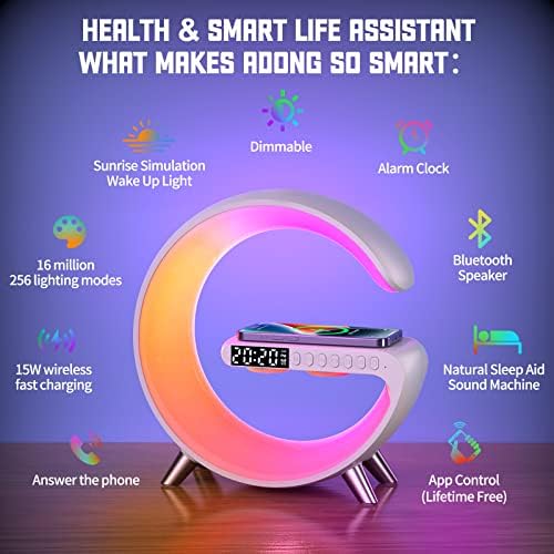 Smart Wireless Charging Alarm Clock with Bluetooth Speaker, App Controlled Bedside Lamp Table Light and Night Light, Bedroom Home Decor, Gift for Girls Boys and Family for Birthday Christmas (White)