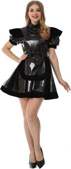 High Collar PVC Leather Maid Dress Shiny Pu Leather Short Puff Sleeve Outfit,Black,L