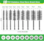 21PCS Bore Brush Set for Drill, Stainless Steel Round Wire Brushes, 9 Sizes (5/16’’-1-1/8’’) with 1/4" Hex Shank, Handle, 10mm Extension Bar, Goggles, Engine and Pipe Cleaning Brush Kit