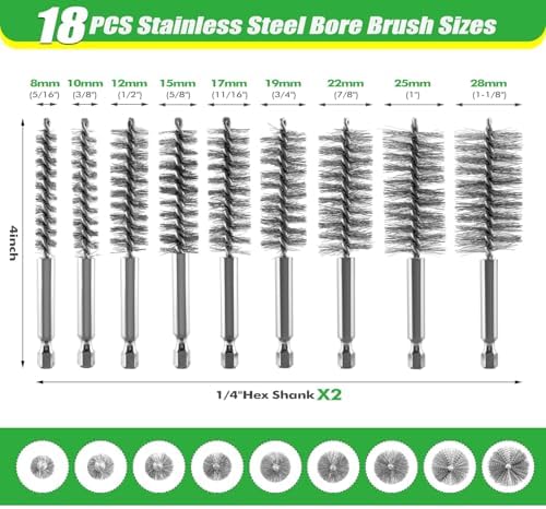 21PCS Bore Brush Set for Drill, Stainless Steel Round Wire Brushes, 9 Sizes (5/16’’-1-1/8’’) with 1/4" Hex Shank, Handle, 10mm Extension Bar, Goggles, Engine and Pipe Cleaning Brush Kit