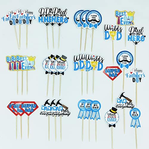 CAVLA 36 Pieces Cupcake Toppers for Father's Day Best Dad Ever Super Dad Thank You Dad Dad is My Hero Cupcake Picks for Fathers Day with Tie Hat Cupcake Decorations for Father's Day Dad's Day
