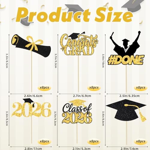 48 Pieces 2026 Graduation Cupcake Toppers and Wrappers, Adjustable Grad Cap Diploma Cake Decorations for Class of 2025 Graduation Party Supplies (Black Gold)