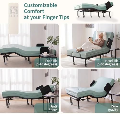Twin XL Adjustable Bed Frame with Side Rails for Adults - Adjustable Base Only, Wireless Remote, Under-Bed Light, Brake Wheel Legs Zero Gravity Electric