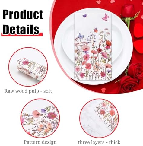 HEIPINIUYE 50 Pieces Spring Floral Paper Napkins 3-ply Wildflower Guest Napkins Disposable Hand Towels for Bathroom Wedding Birthday Valentines Party Dinner Napkins