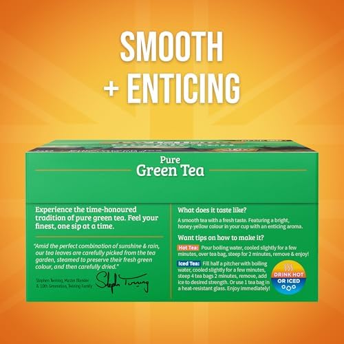 Twinings Pure Green Tea Individually Wrapped Bags, 50 Count (Pack of 6), Smooth Flavour, Enticing Aroma, Caffeinated, Enjoy Hot or Iced, 300 Teabags