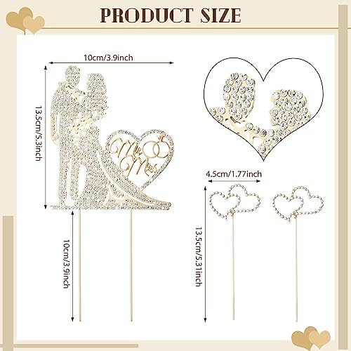 3 Pack Wedding Cake Topper Mr and Mrs, Rhinestone Bride and Groom Cake Topper Gold, Crystal Diamond Wedding Decoration for Engagement, Anniversary, Bridal Shower