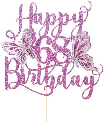 Kaoenla Butterfly Happy 68th Birthday Cake Topper-3D Butterfly theme 68 years old/68th Birthday/Anniversary Party Cake Decor Purple Glitter