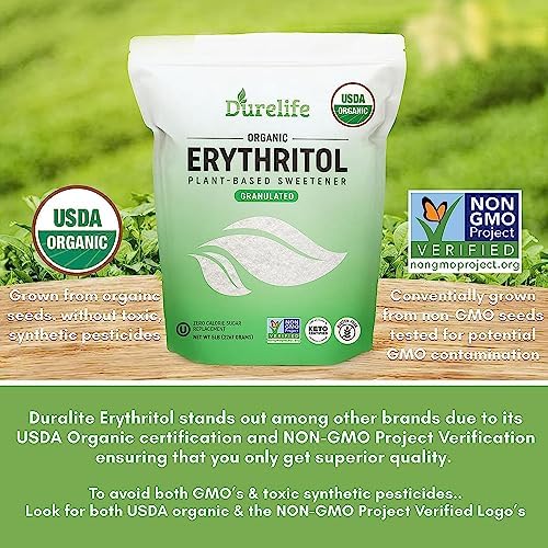 Durelife USDA organic erythritol sweetener, non gmo verified, Keto certified, No After Taste, Kosher, Zero Calorie Plant-Based Sugar Alternative 5 LB