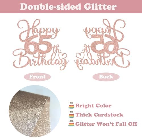 Sotpot 1 Pack 65th Birthday Cake Topper Double-sided Rose Gold Glitter Cake Pick Cake Decoration for Happy 65th Birthday Anniversary Party Decorations