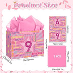 Woosytoo 9th Birthday Gift Bag for Girls with Tissue Paper & Card Pink Happy 9th Birthday Gift Wrapping Bag - Cute Glitter Star Party Supplies for Daughter Niece 9 Year Old