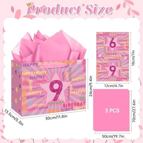 Woosytoo 9th Birthday Gift Bag for Girls with Tissue Paper & Card Pink Happy 9th Birthday Gift Wrapping Bag - Cute Glitter Star Party Supplies for Daughter Niece 9 Year Old