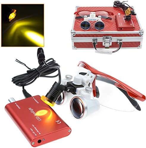 BONEW-Oral 2.5X 420MM Surgical Binocular Loupe Magnifier + 3W Clip On Head Lamp with Filter+ Aluminum Box (Red)