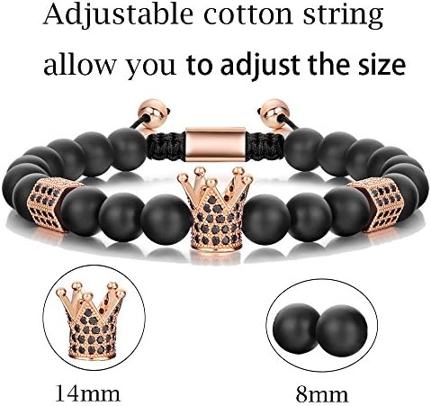 SEVENSTONE 8mm Crown King Charm Bracelet for Men Women Black Matte Onyx Stone Beads, 7.5"