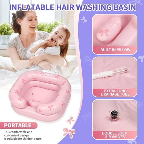 Inflatable Shampoo Basin - Portable Shampoo Bowl, Hair Washing Basin for Bedridden, Disabled,Injured, Hair Wash Tub for Dreadlocks and at Home Sink Washing (Pink-Bowtie, 15in Inner)