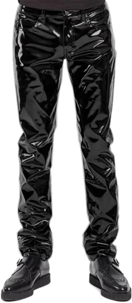 Mens Punk PVC Vinyl Pant Wetlook Sexy Stage Club Trousers Casual High Waist Pencil Pant