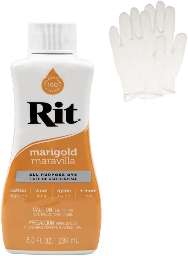 Rit Dye – Liquid Fabric Dye for Crafting, Clothing, and Décor – 8 oz. Bottle – Marigold (Gloves Included)