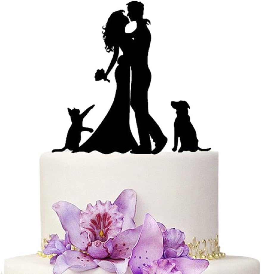 Wedding Cake Toppers Bride and Groom With Cat And Dog Animal Black Color Acrylic Silhouette Wedding Party Engagement Decoration