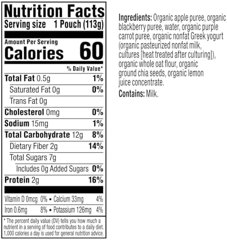 Plum Organics Mighty Food Group Blend, Organic Baby Food Meals [12+ Months], Quinoa, Blackberry, Purple Carrot, Greek Yogurt & Oat, Kosher, USDA Certified Organic, Non-GMO, 4 Ounce Pouch (Pack Of 6)