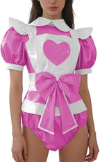 PVC Maid Bodysuit with Apron Puff Sleeve Bow Maid Rompers Themed Party Cosplay Outfit