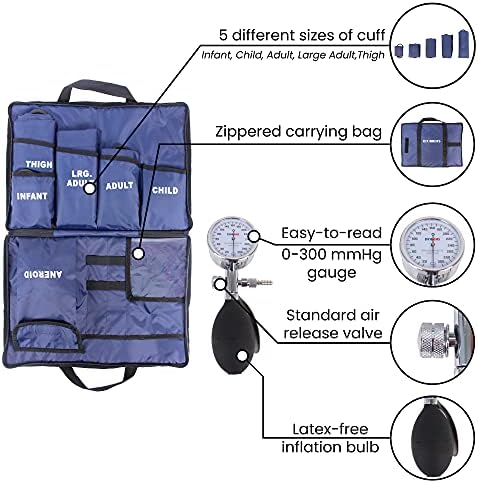 Dixie EMS Aneroid Sphygmomanometer Kit, Manual Blood Pressure Monitor Set with 5 Cuffs for Infant, Child, Adult, Large Adult, Thigh, & Carrying Case – Blue
