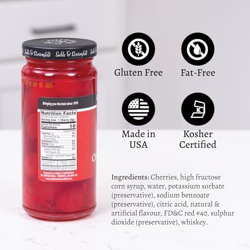 Sable & Rosenfeld Whisky Tipsy Cherries for Old Fashioned Cocktails, 10 oz Jar (Pack of 1), Kosher, Gluten-Free Garnish for Manhattans & Desserts