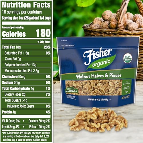 Fisher Organic Walnut Halves & Pieces 16 oz, USDA Certified Organic Nuts, Unsalted California Grown, Non-GMO, No Preservatives, Walnuts for Baking & Cooking, Healthy Snacks for Adults, Resealable Bag